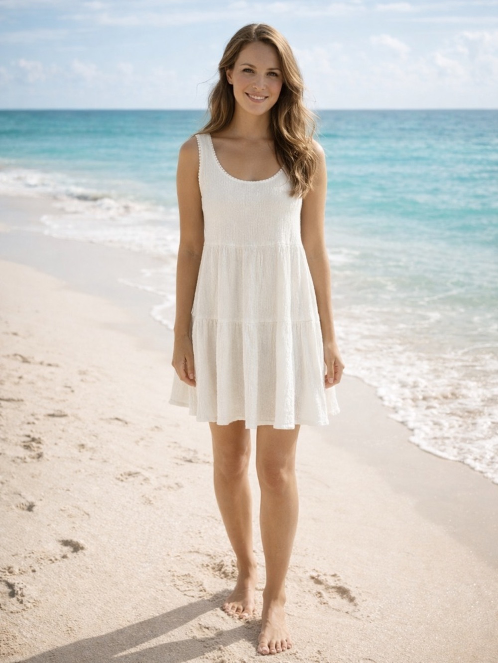 InTu. White Mini Dress Large Cotton Gauze Crinkle Empire Waist Beach Honeymoon